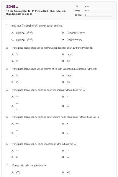 10 câu Trắc nghiệm Tin 11 Python Bài 6. Phép toán, biểu thức, lệnh gán có đáp án