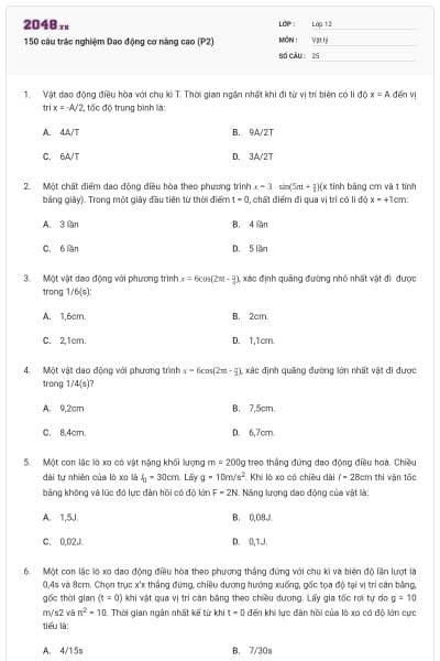 150 câu trắc nghiệm Dao động cơ nâng cao (P2)