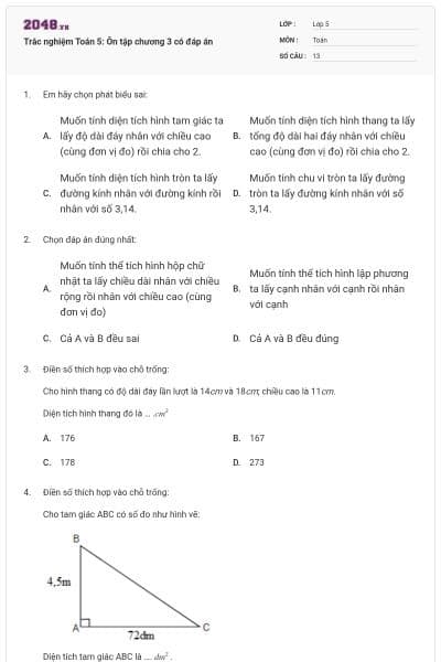 Trắc nghiệm Toán 5: Ôn tập chương 3 có đáp án