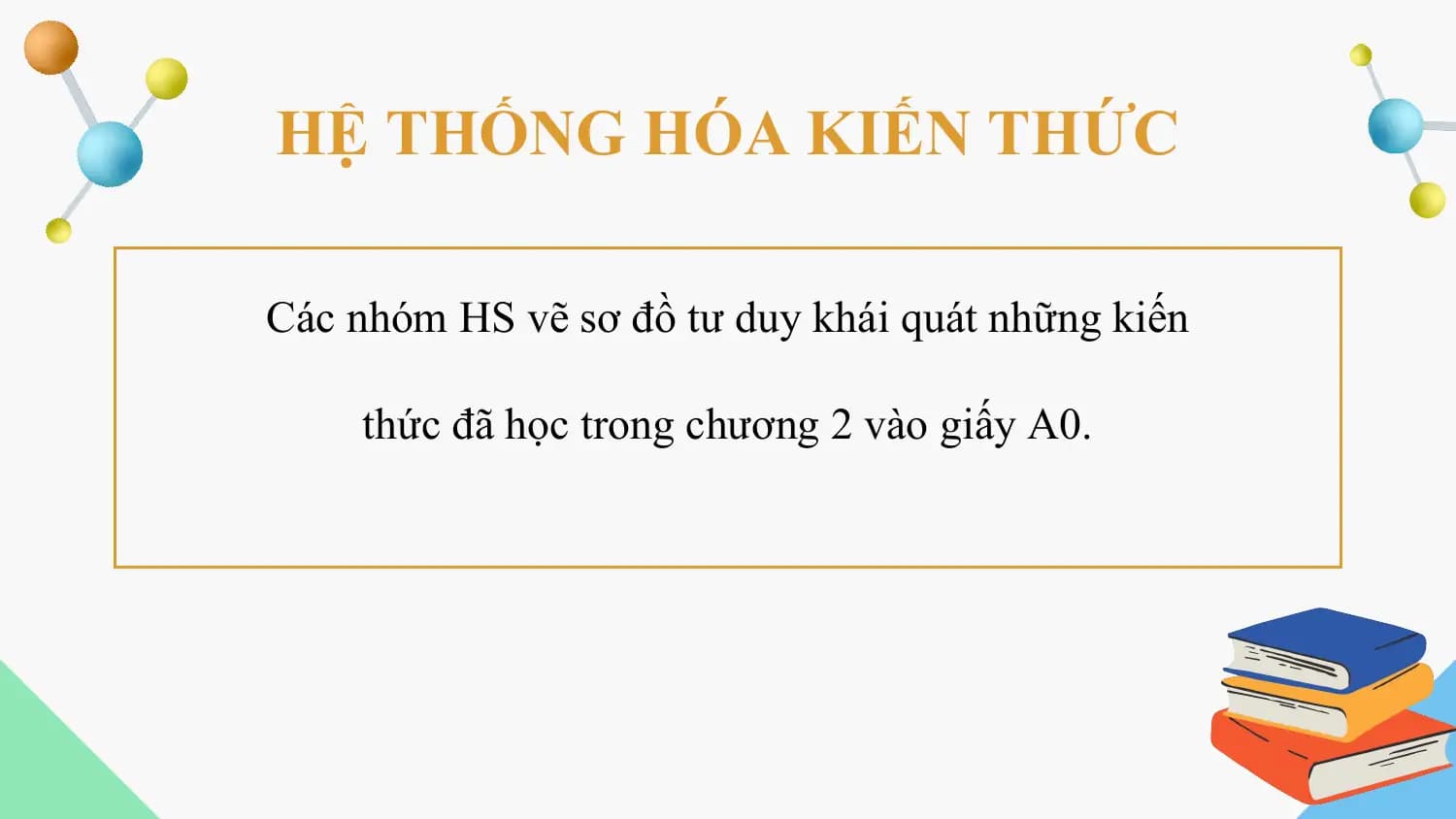 HỆ THỐNG HÓA KIẾN THỨC

Các nhóm HS vẽ sơ đồ tư duy khái quát những kiến

 thức đã học trong chương 2 vào giấy A0.