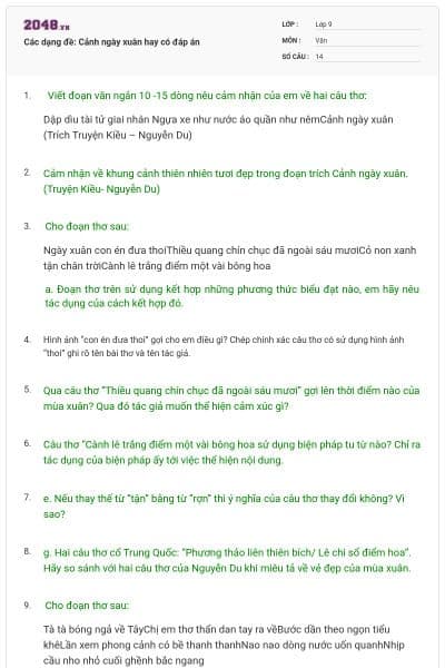 Các dạng đề: Cảnh ngày xuân hay có đáp án