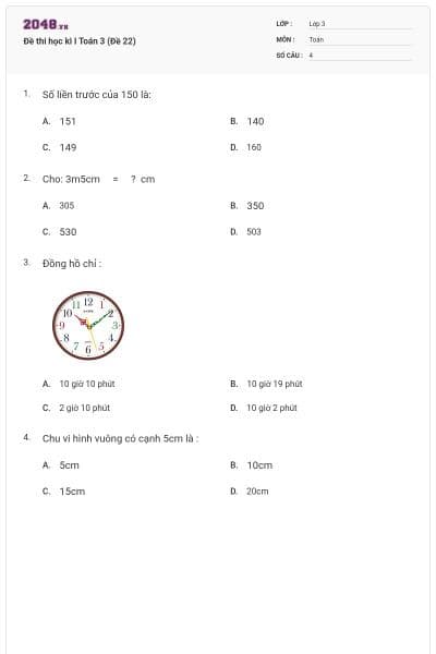 Đề thi học kì I Toán 3 (Đề 22)