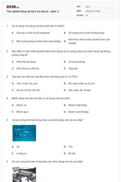 Trắc nghiệm Động vật lớp 6 (có đáp án - phần 1)