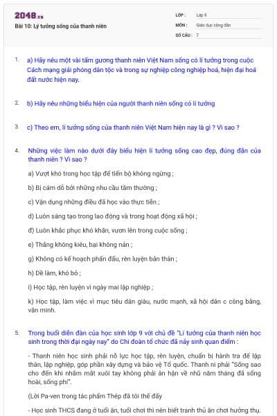 Bài 10: Lý tưởng sống của thanh niên