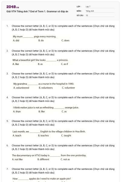 Giải VTH Tiếng Anh 7 End of Term 1. Grammar có đáp án