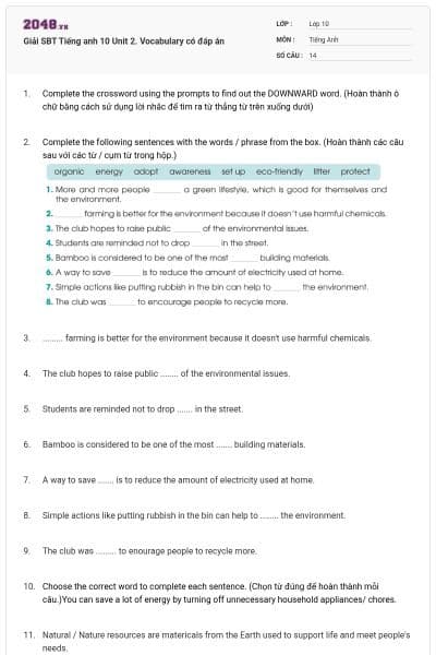 Giải SBT Tiếng anh 10 Unit 2. Vocabulary có đáp án