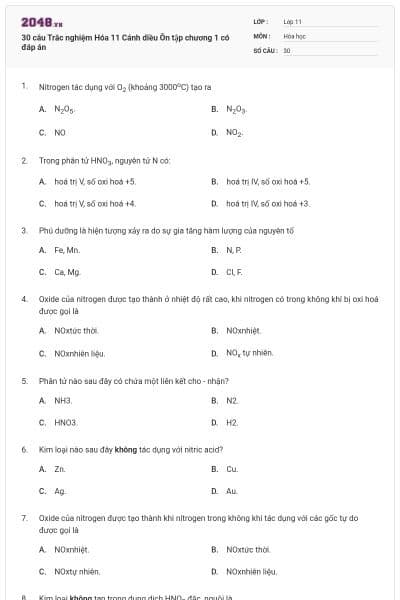 30 câu Trắc nghiệm Hóa 11 Cánh diều Ôn tập chương 1 có đáp án