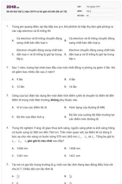 Đề thi thử Vật Lí năm 2019 có lời giải chi tiết (Đề số 18)