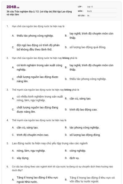 36 câu Trắc nghiệm Địa Lí 12: (có đáp án) Bài tập Lao động và việc làm