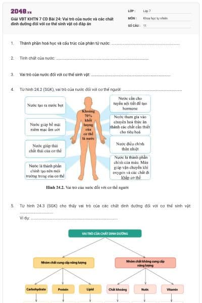 Giải VBT KHTN 7 CD Bài 24: Vai trò của nước và các chất dinh dưỡng đối với cơ thể sinh vật có đáp án