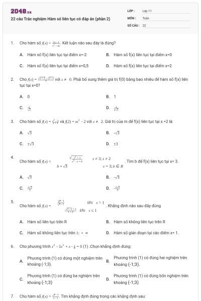 22 câu Trắc nghiệm Hàm số liên tục có đáp án (phần 2)