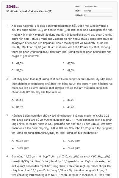 50 bài toán hay và khó về este đa chức(P2)