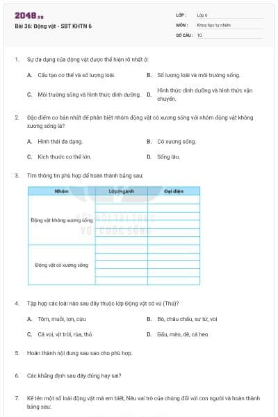 Bài 36: Động vật - SBT KHTN 6