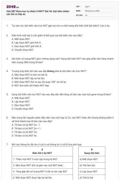 Giải SBT Khoa học tự nhiên 9 KNTT Bài 46: Đột biến nhiễm sắc thể có đáp án