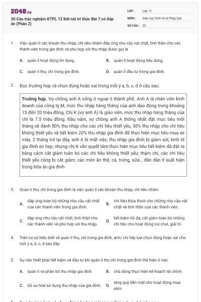 30 Câu trắc nghiệm KTPL 12 Kết nối tri thức Bài 7 có đáp án (Phần 2)