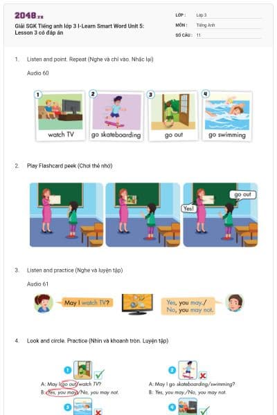 Giải SGK Tiếng anh lớp 3 I-Learn Smart Word Unit 5: Lesson 3 có đáp án
