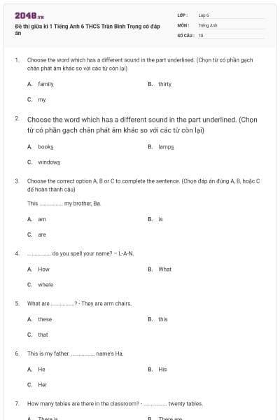 Đề thi giữa kì 1 Tiếng Anh 6 THCS Trần Bình Trọng có đáp án