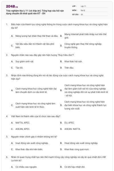 Trắc nghiệm Địa Lí 11 (có đáp án): Tổng hợp câu hỏi vận dụng chuyên đề khái quát nền KT - XH