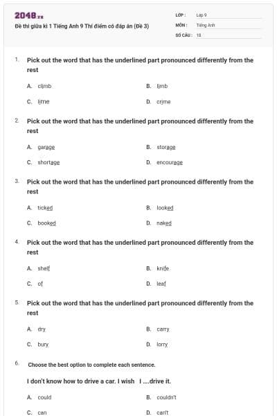 Đề thi giữa kì 1 Tiếng Anh 9 Thí điểm có đáp án (Đề 3)