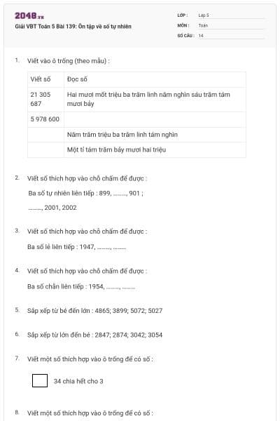 Giải VBT Toán 5 Bài 139: Ôn tập về số tự nhiên