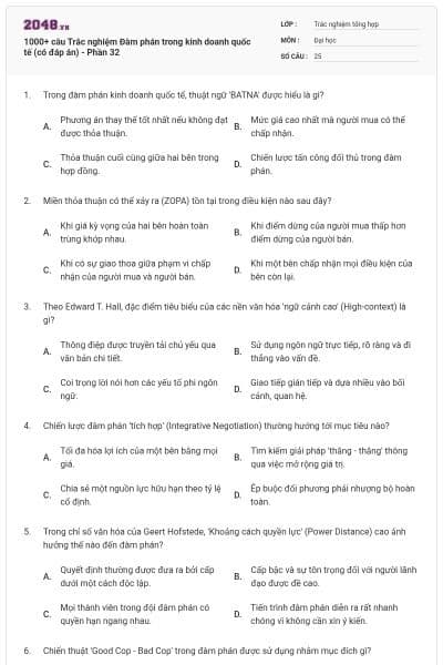 1000+ câu Trắc nghiệm Đàm phán trong kinh doanh quốc tế (có đáp án) - Phần 32