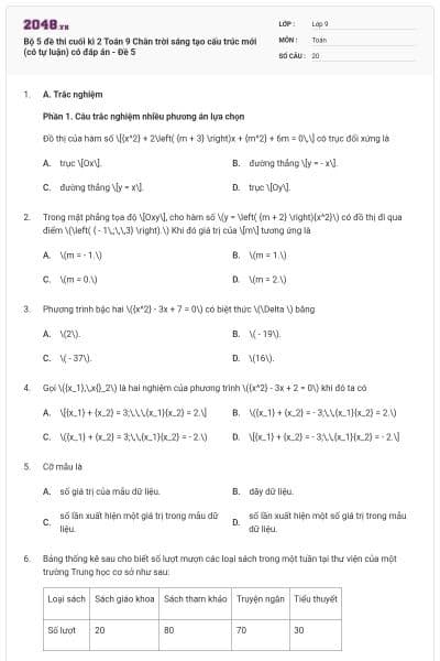 Bộ 5 đề thi cuối kì 2 Toán 9 Chân trời sáng tạo cấu trúc mới (có tự luận) có đáp án - Đề 5
