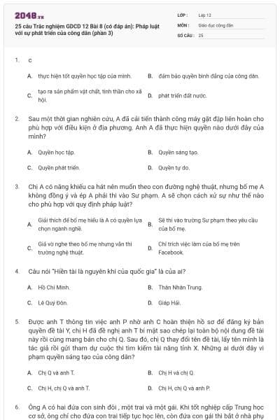 25 câu Trắc nghiệm GDCD 12 Bài 8 (có đáp án): Pháp luật với sự phát triển của công dân (phần 3)