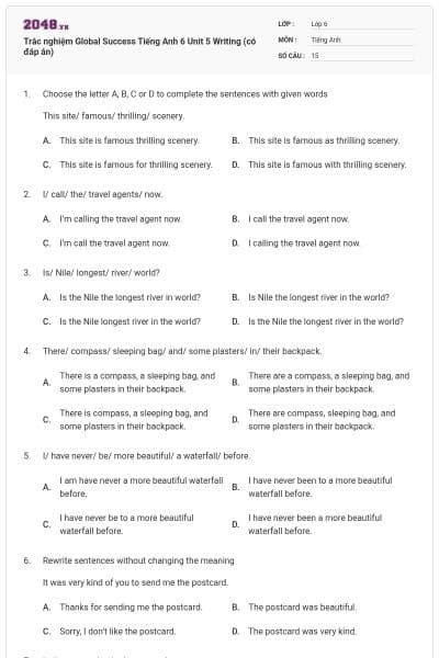Trắc nghiệm Global Success Tiếng Anh 6 Unit 5 Writing (có đáp án)