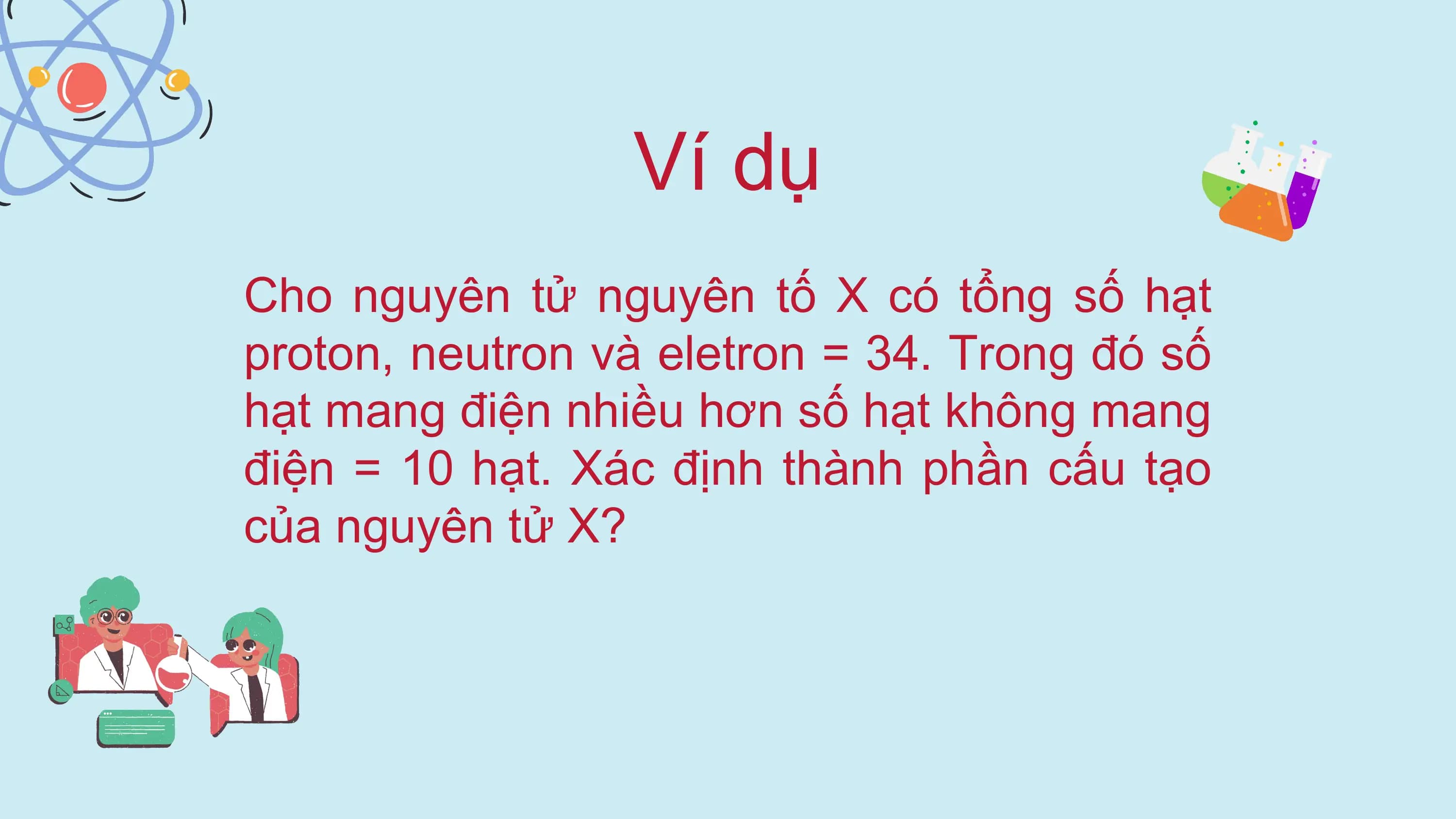 Ví dụ
Cho nguyên tử nguyên tố X có tổng số hạt
proton, neutron và eletron = 34. Trong đó số
hạt mang điện nhiều hơn số hạt không mang
điện = 10 hạt. Xác định thành phần cấu tạo
của nguyên tử X?