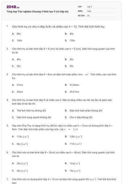 Tổng hợp Trắc nghiệm Chương 4 Hình học 9 (có đáp án)