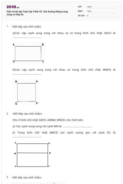 Giải vở bài tập Toán lớp 4 Bài 42. Hai đường thẳng song song có đáp án
