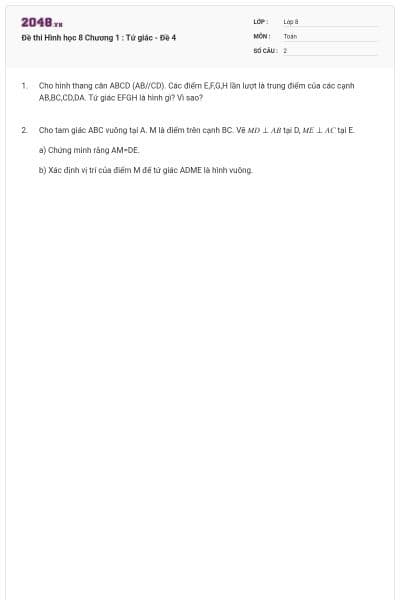 Đề thi Hình học 8 Chương 1 : Tứ giác - Đề 4
