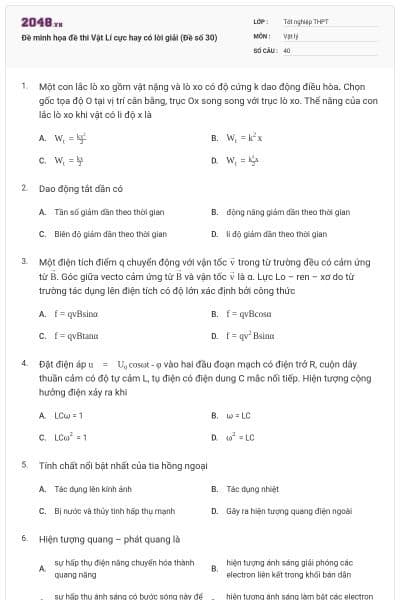 Đề minh họa đề thi Vật Lí cực hay có lời giải (Đề số 30)