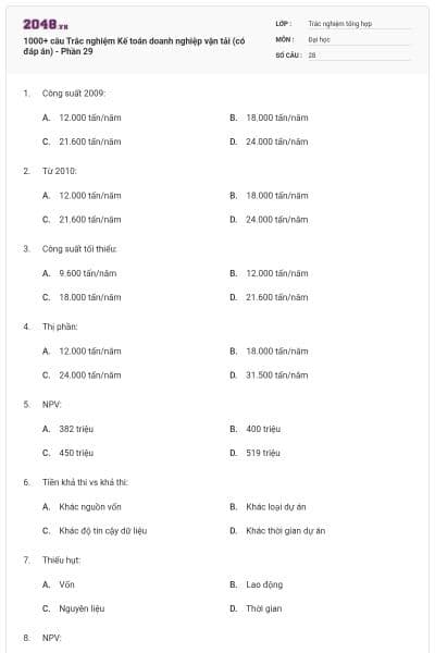 1000+ câu Trắc nghiệm Kế toán doanh nghiệp vận tải (có đáp án) - Phần 29