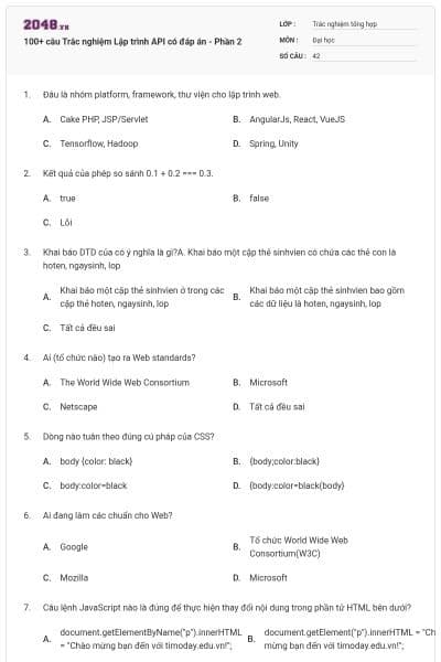 100+ câu Trắc nghiệm Lập trình API có đáp án - Phần 2