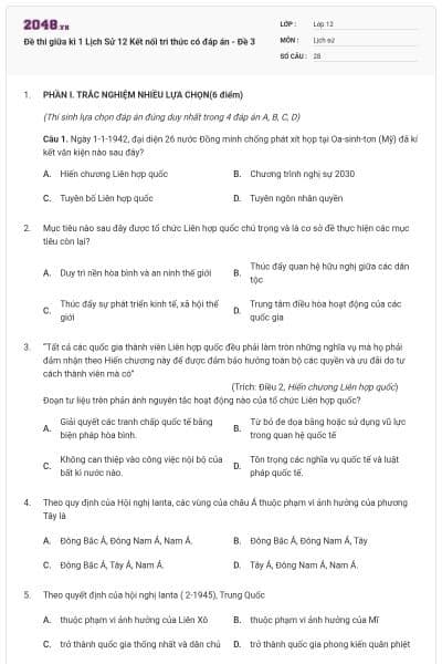Đề thi giữa kì 1 Lịch Sử 12 Kết nối tri thức có đáp án - Đề 3