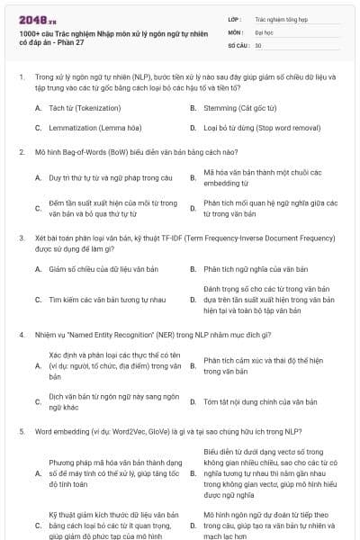 1000+ câu Trắc nghiệm Nhập môn xử lý ngôn ngữ tự nhiên có đáp án - Phần 27