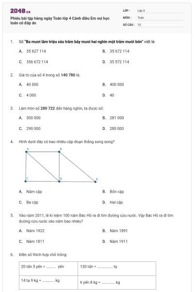 Phiếu bài tập hàng ngày Toán lớp 4 Cánh diều Em vui học toán có đáp án