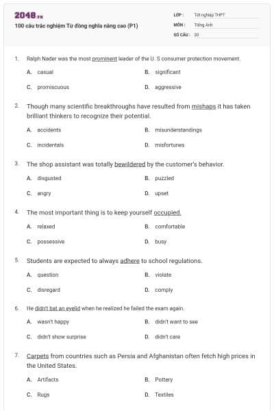 100 câu trắc nghiệm Từ đồng nghĩa nâng cao (P1)