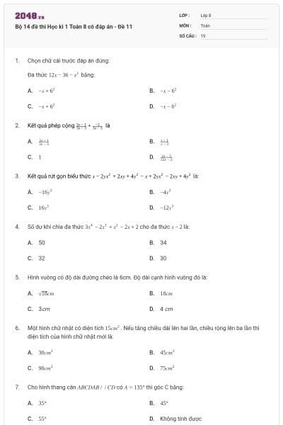 Bộ 14 đề thi Học kì 1 Toán 8 có đáp án - Đề 11