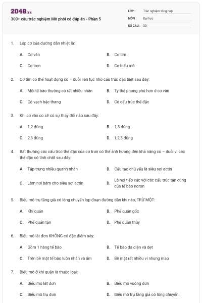 300+ câu trắc nghiệm Mô phôi có đáp án - Phần 5