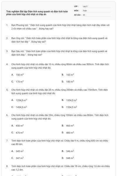 Trắc nghiệm Bài tập Diện tích xung quanh và diện tích toàn phần của hình hộp chữ nhật có đáp án