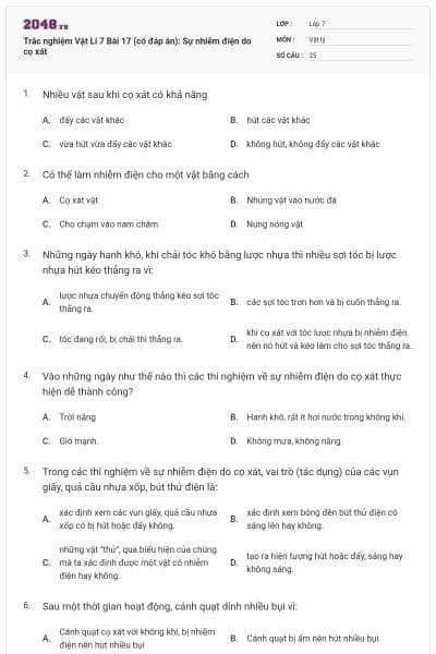 Trắc nghiệm Vật Lí 7 Bài 17 (có đáp án): Sự nhiễm điện do cọ xát