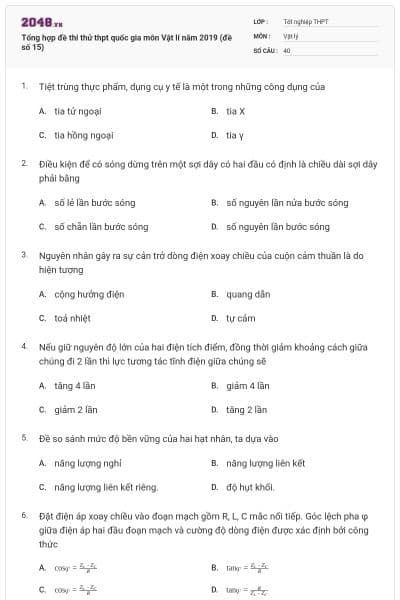 Tổng hợp đề thi thử thpt quốc gia môn Vật lí năm 2019 (đề số 15)