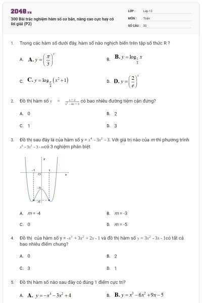 300 Bài trắc nghiệm hàm số cơ bản, nâng cao cực hay có lời giải (P2)