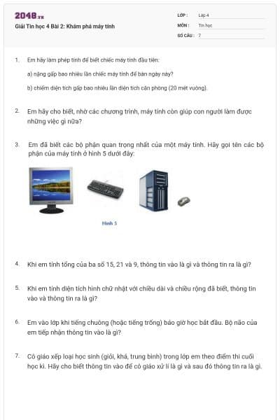 Giải Tin học 4 Bài 2: Khám phá máy tính
