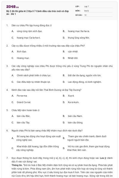 Bộ 2 đề thi giữa kì 2 Địa lí 7 Cánh diều cấu trúc mới có đáp án - Đề 1