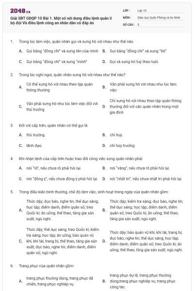 Giải SBT GDQP 10 Bài 1. Một số nôi dung điều lệnh quản lí bộ đội Và điều lệnh công an nhân dân có đáp án