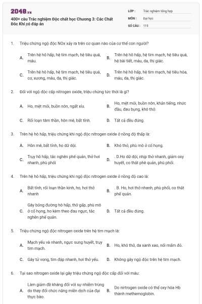 400+ câu Trắc nghiệm Độc chất học Chương 3: Các Chất Đôc Khí ̣có đáp án