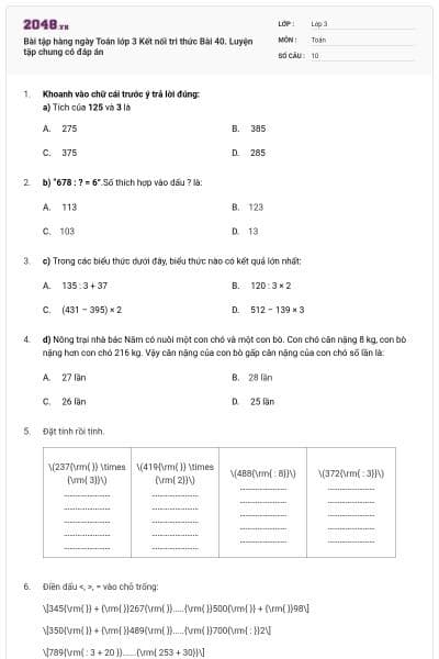 Bài tập hàng ngày Toán lớp 3 Kết nối tri thức Bài 40. Luyện tập chung có đáp án